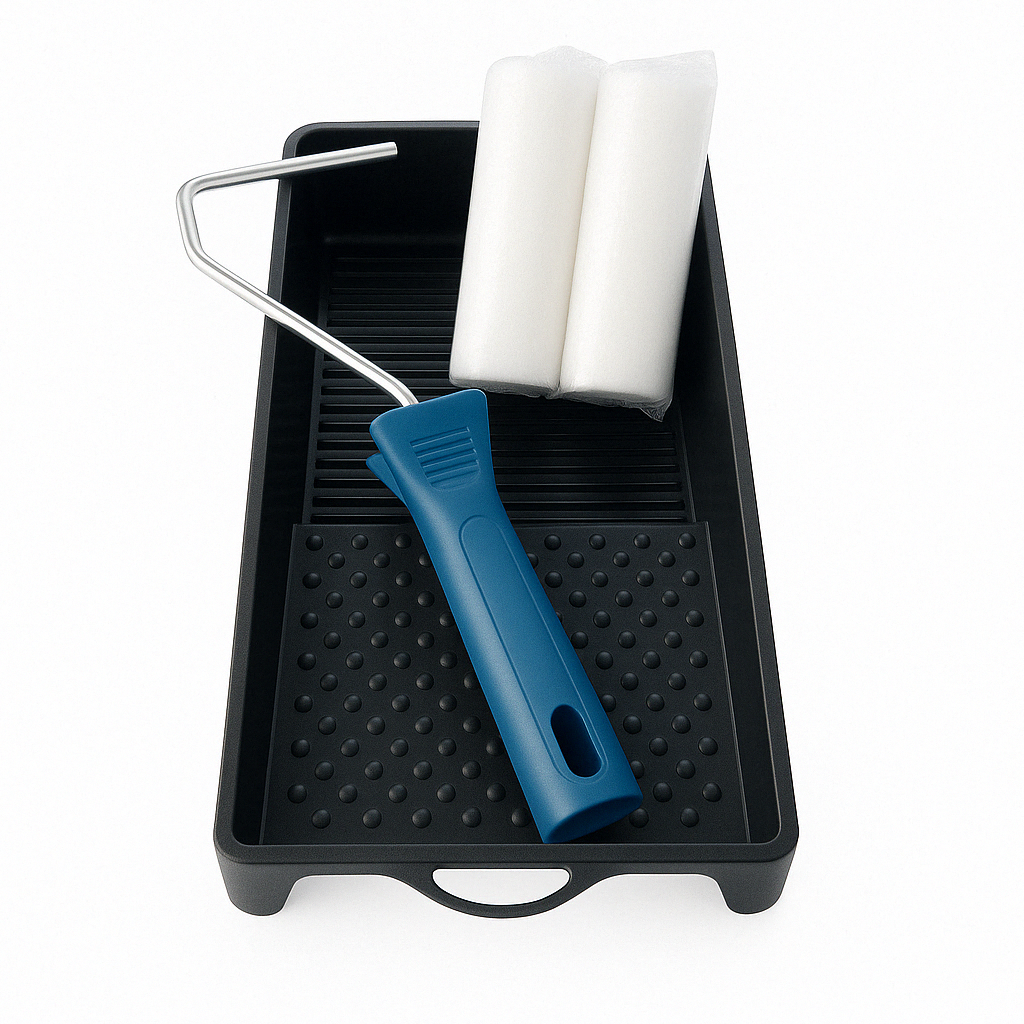 Set pittura: vaschetta per colore, supporto per rullo, 2 rulli in schiuma (10 cm).